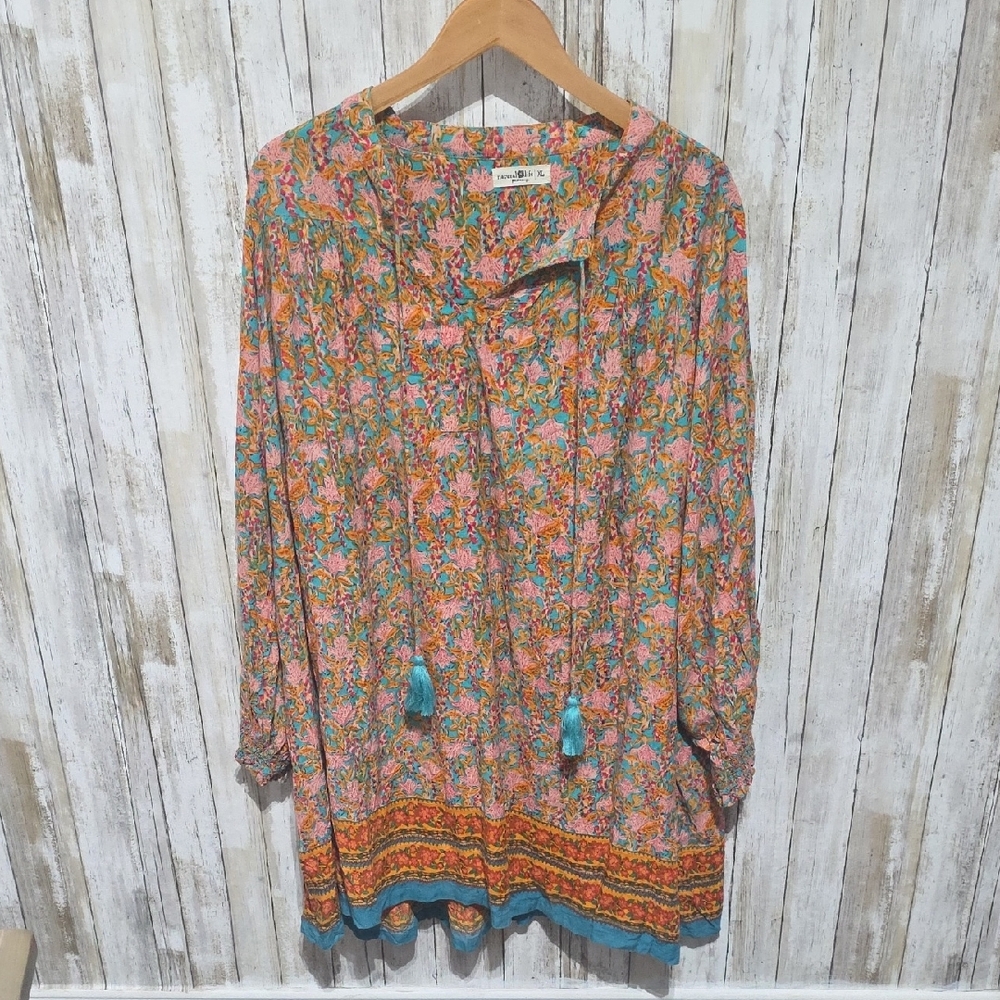 NATURAL LIFE Floral Boho Tunic Dress with Turquoise Trim - Picture 4 of 7